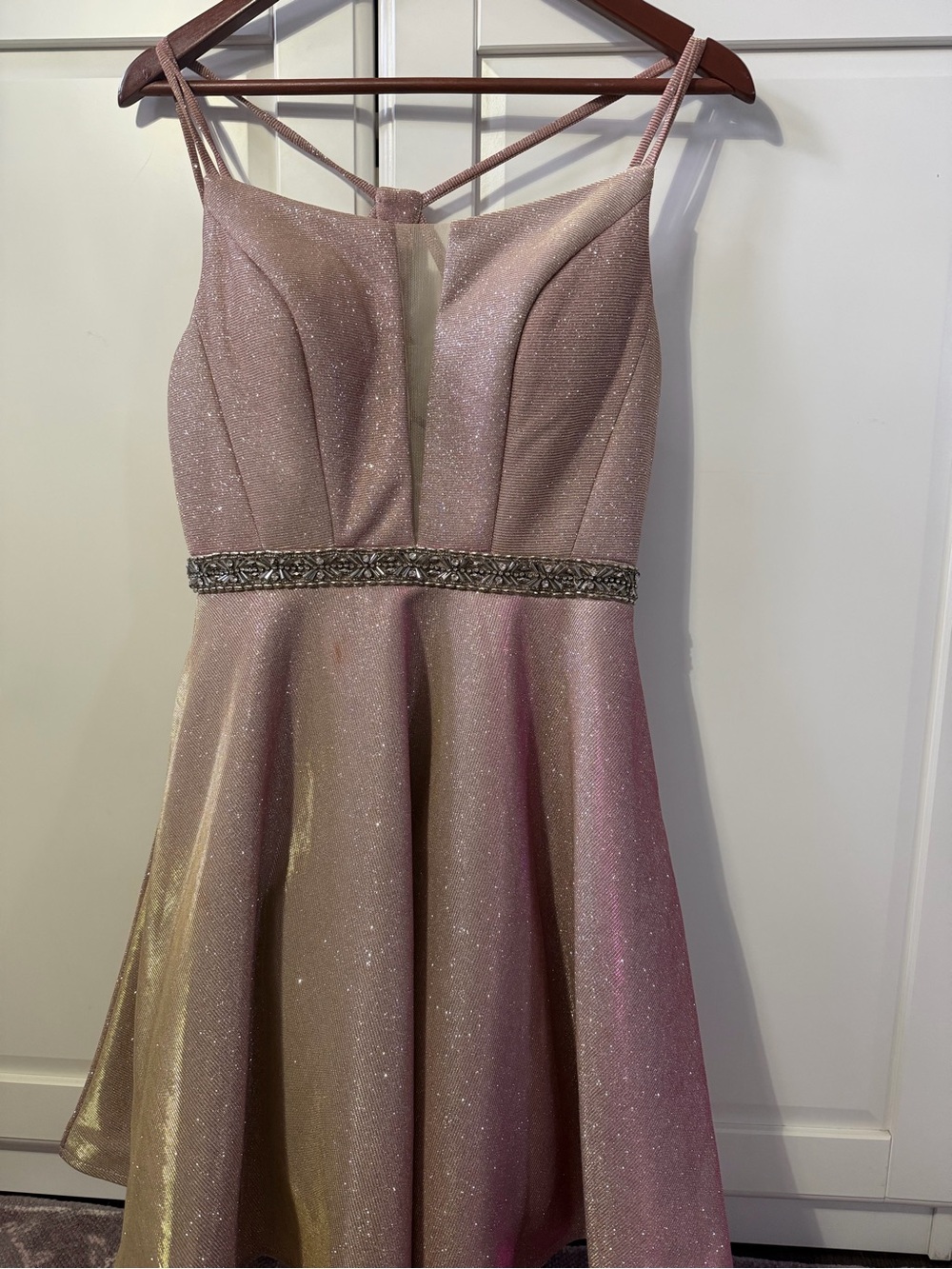 May Queen Shimmery Pink Glitter Fit-and-Flare Formal Dress